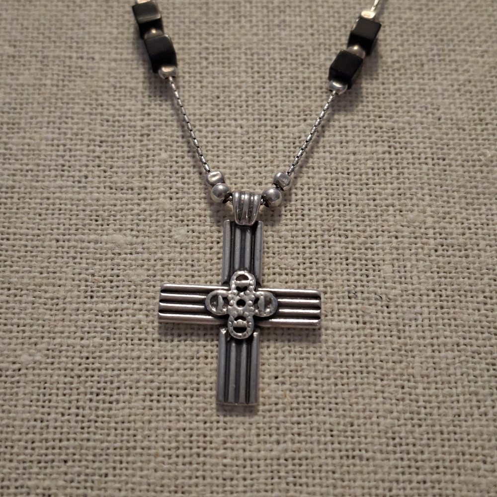 SILPADA Sterling Silver Cross With Black Crystal Square Beads Necklace